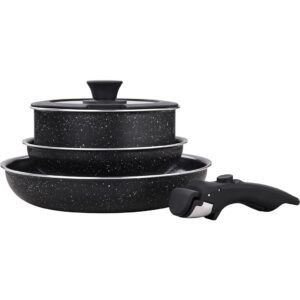 Juego batería 5 piezas mango desmontable cerámico negro apto inducción